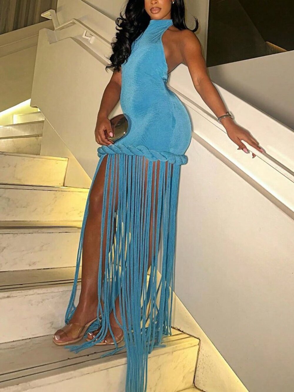 Blue Sexy Women's Tassel Twist Knot Backless Bodycon Dress